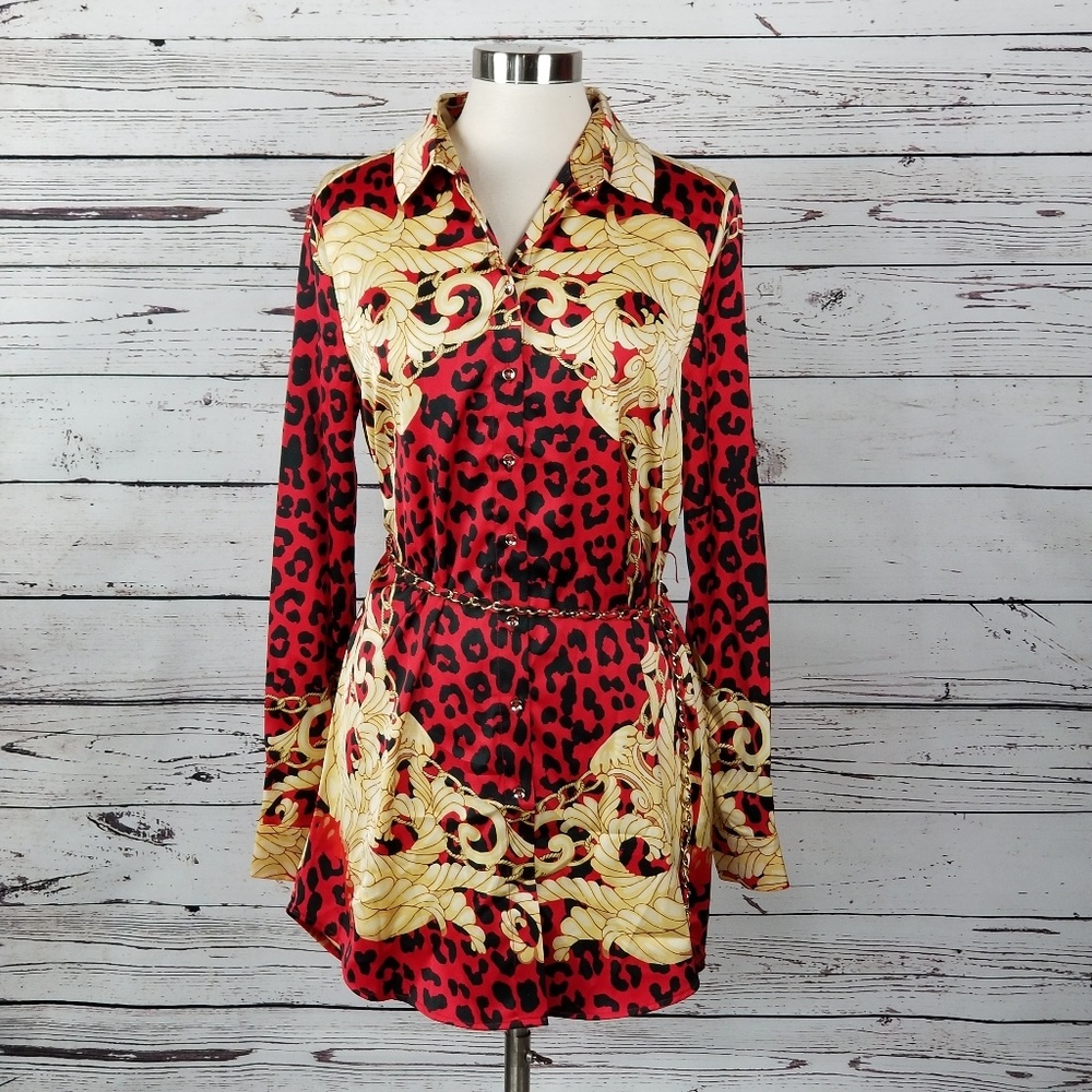 GUESS Printed Chain-Belt Tunic Top Leopard Foulard